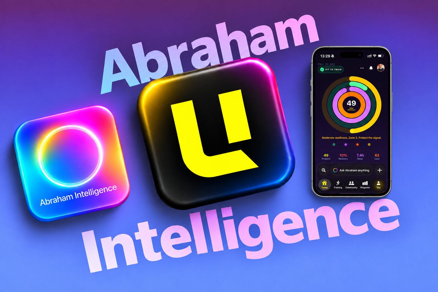 Abraham Intelligence campaign artwork with the spectrum icon, yellow Unbroken mark and app on an iPhone