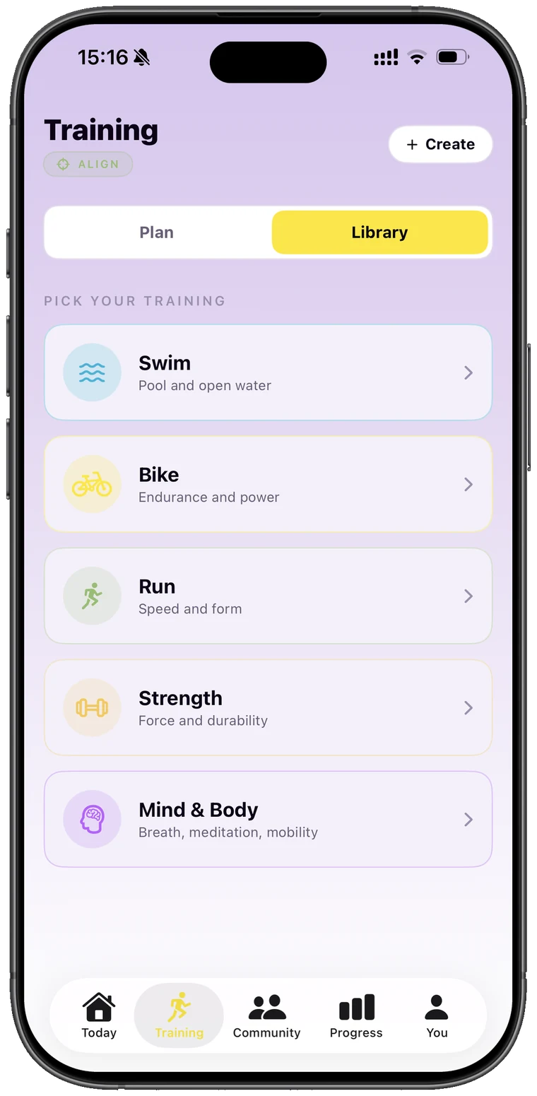 Training library, Swim, Bike, Run, Strength and Mind and Body in one place