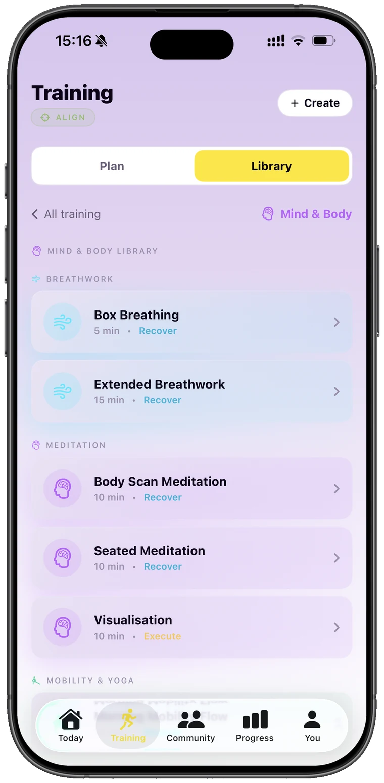 Mind and Body library, box breathing, extended breathwork, body scan and seated meditation