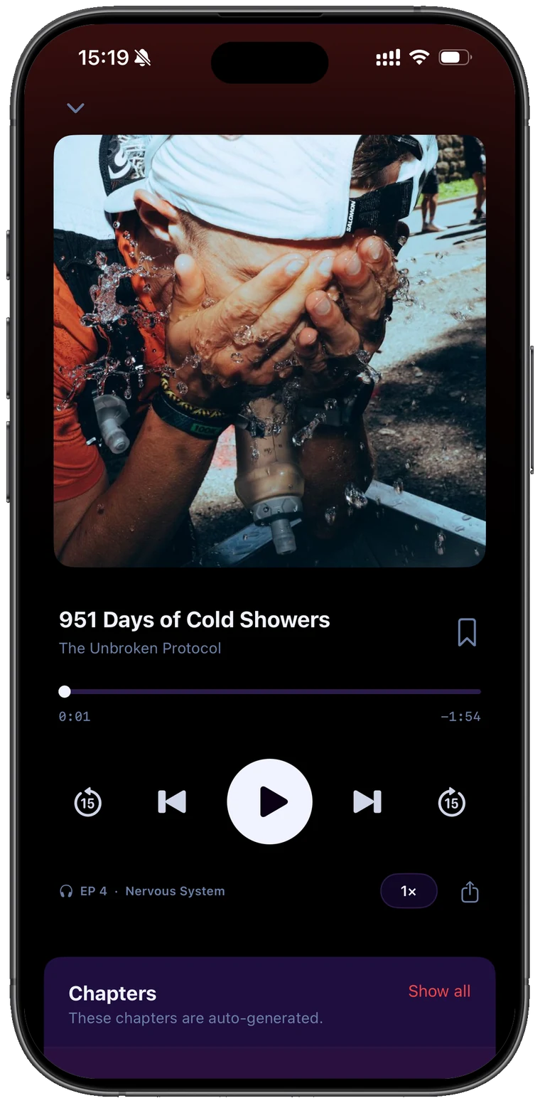 The Unbroken Protocol podcast playing inside the app, with auto-generated chapters
