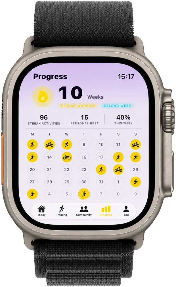 Apple Watch Ultra showing the Unbroken Protocol Progress screen, a ten week streak and the training calendar