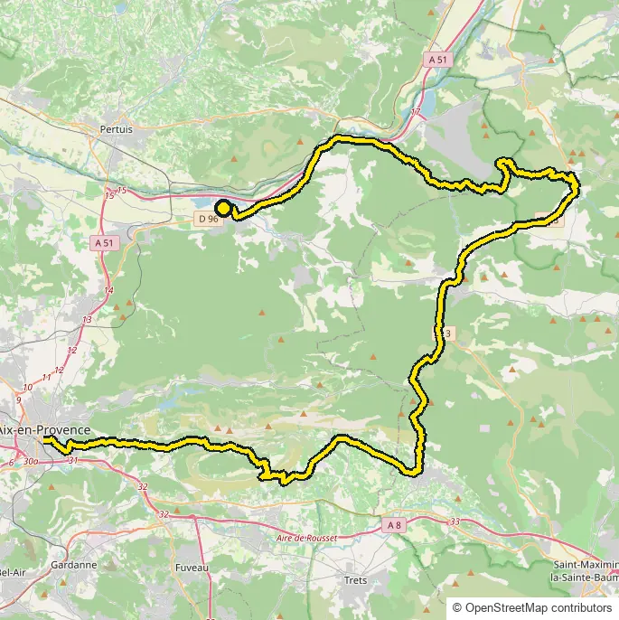 Bike course map for IRONMAN 70.3 Aix-en-Provence: the official route drawn on an OpenStreetMap basemap