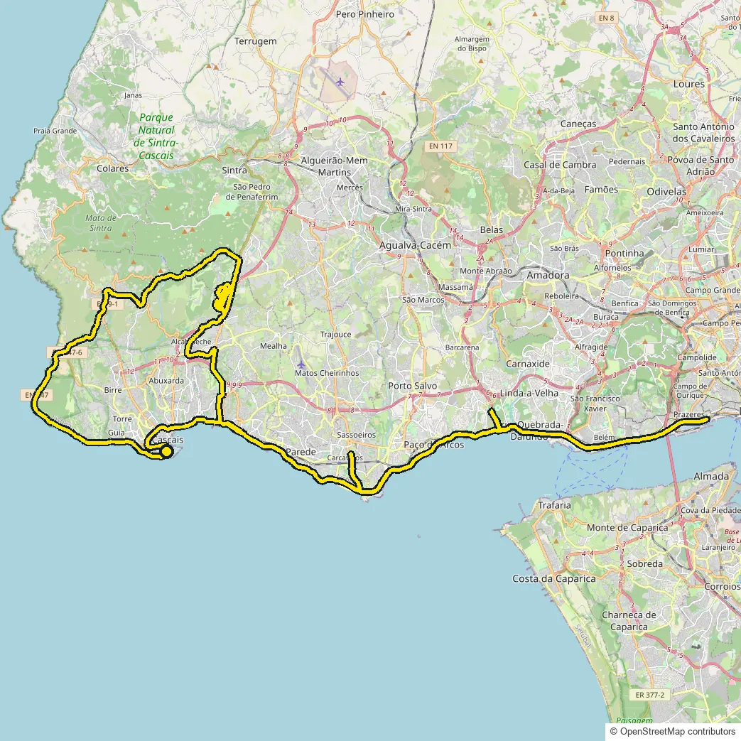 Bike course map for IRONMAN 70.3 Cascais: the official route drawn on an OpenStreetMap basemap