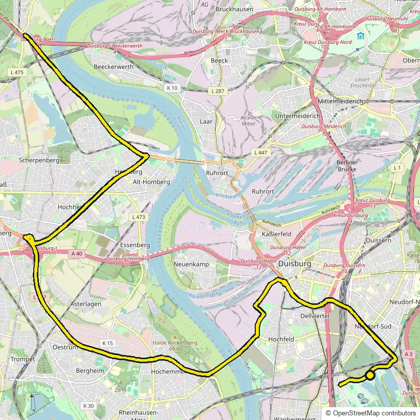 Bike course map for IRONMAN 70.3 Duisburg: the official route drawn on an OpenStreetMap basemap