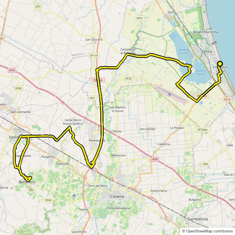 Bike course map for IRONMAN 70.3 Italy Emilia-Romagna: the official route drawn on an OpenStreetMap basemap