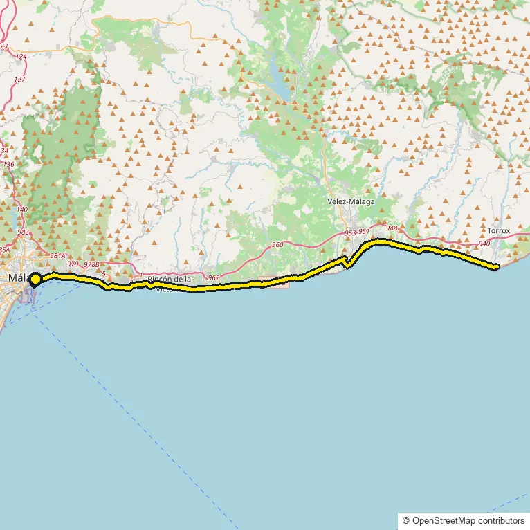 Bike course map for IRONMAN 70.3 Malaga: the official route drawn on an OpenStreetMap basemap