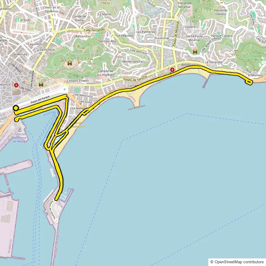 Run course map for IRONMAN 70.3 Malaga: the official route drawn on an OpenStreetMap basemap