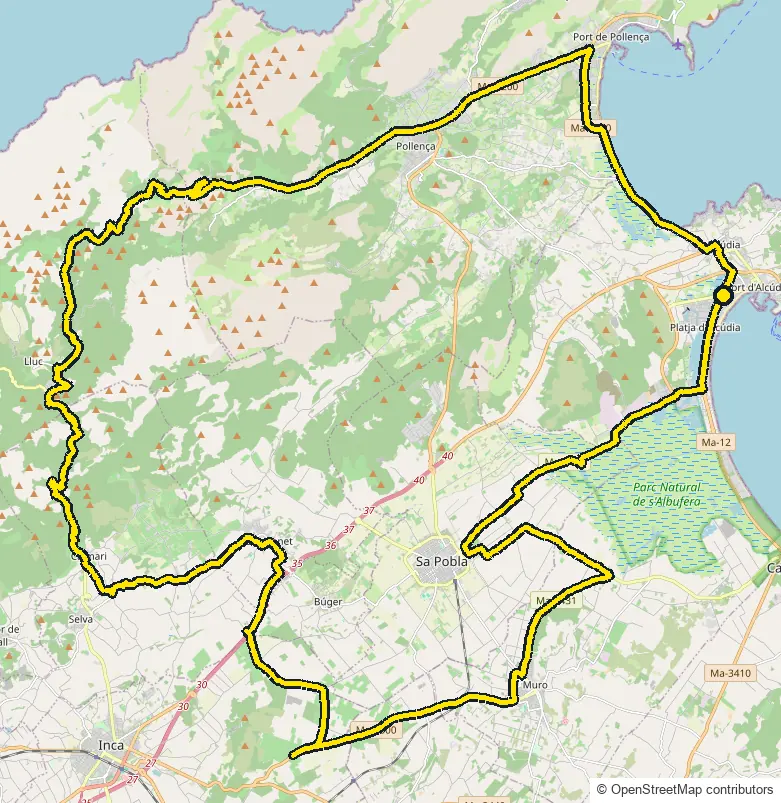 Bike course map for IRONMAN 70.3 Mallorca: the official route drawn on an OpenStreetMap basemap