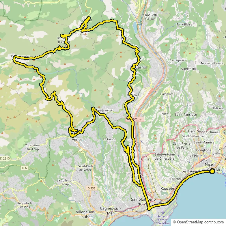 Bike course map for IRONMAN 70.3 Nice: the official route drawn on an OpenStreetMap basemap