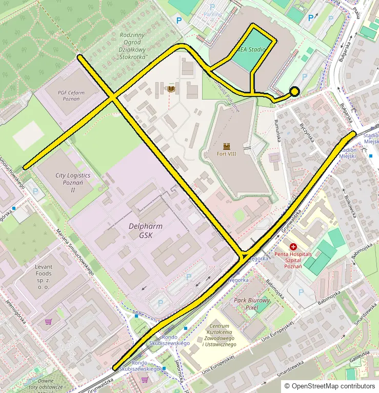 Run course map for IRONMAN 70.3 Poznan: the official route drawn on an OpenStreetMap basemap
