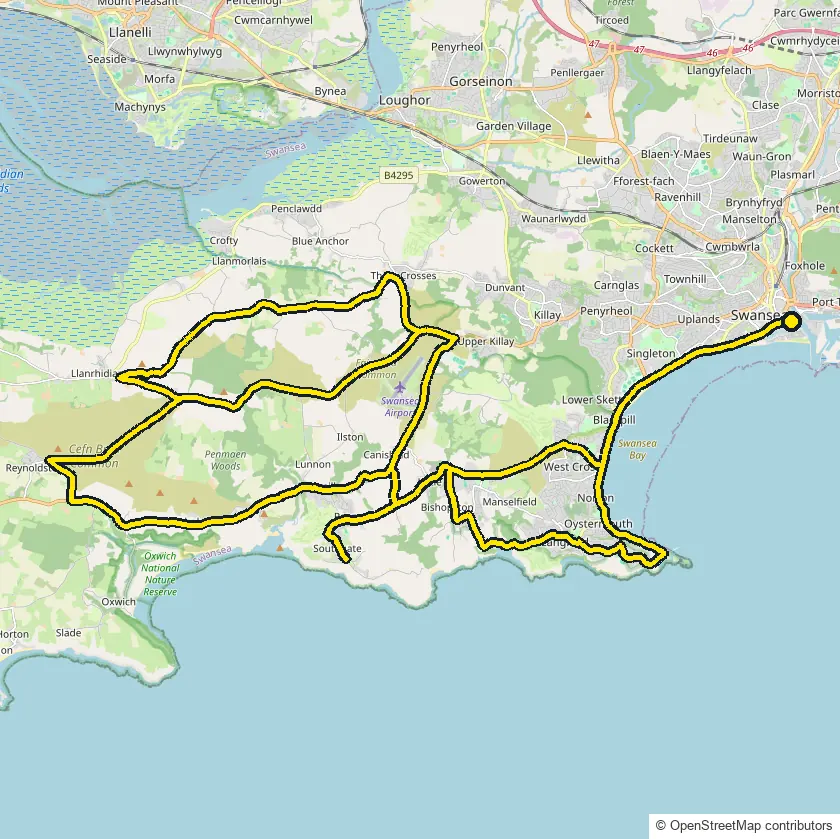 Bike course map for IRONMAN 70.3 Swansea: the official route drawn on an OpenStreetMap basemap