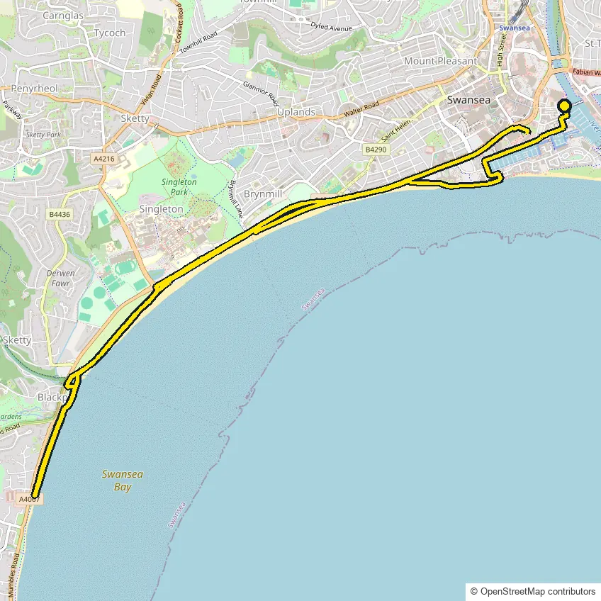 Run course map for IRONMAN 70.3 Swansea: the official route drawn on an OpenStreetMap basemap