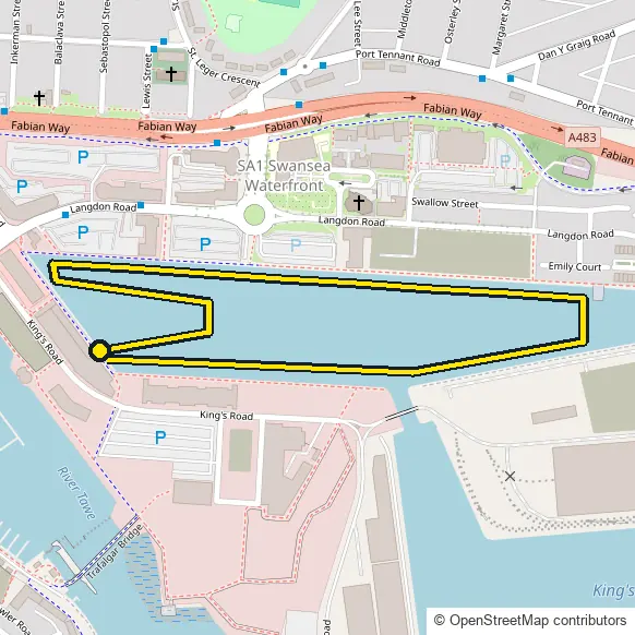 Swim course map for IRONMAN 70.3 Swansea: the official route drawn on an OpenStreetMap basemap