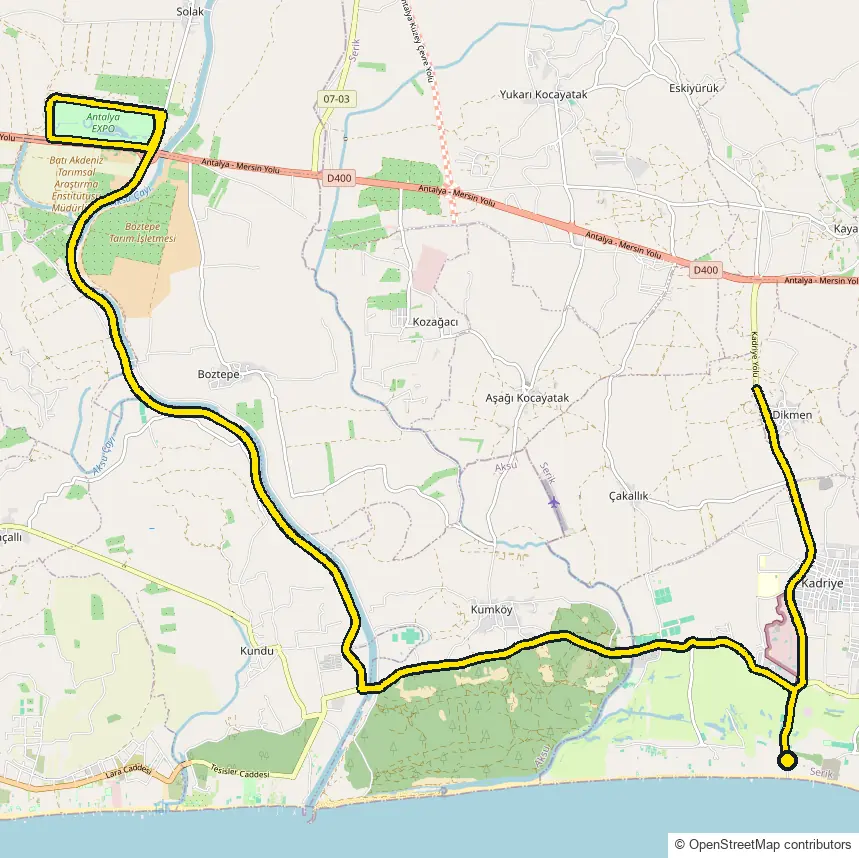Bike course map for IRONMAN 70.3 Turkiye: the official route drawn on an OpenStreetMap basemap