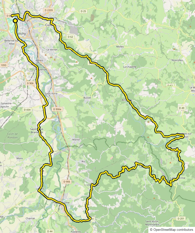 Bike course map for IRONMAN 70.3 Vichy: the official route drawn on an OpenStreetMap basemap