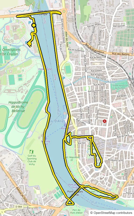 Run course map for IRONMAN 70.3 Vichy: the official route drawn on an OpenStreetMap basemap