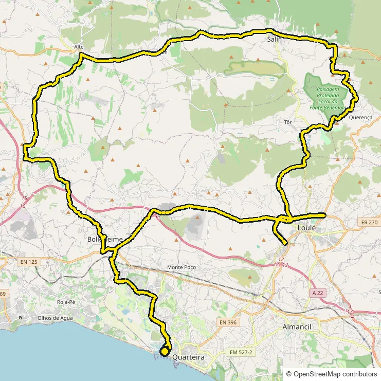 Bike course map for IRONMAN 70.3 Vilamoura-Algarve: the official route drawn on an OpenStreetMap basemap