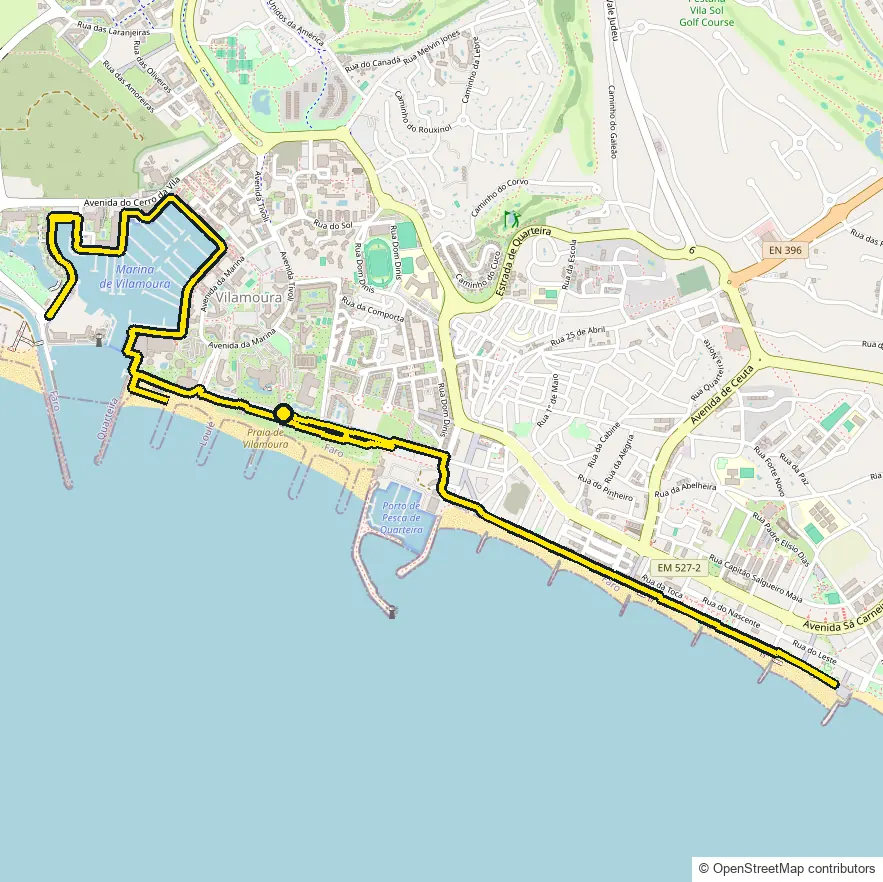 Run course map for IRONMAN 70.3 Vilamoura-Algarve: the official route drawn on an OpenStreetMap basemap