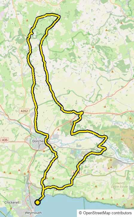 Bike course map for IRONMAN 70.3 Weymouth: the official route drawn on an OpenStreetMap basemap