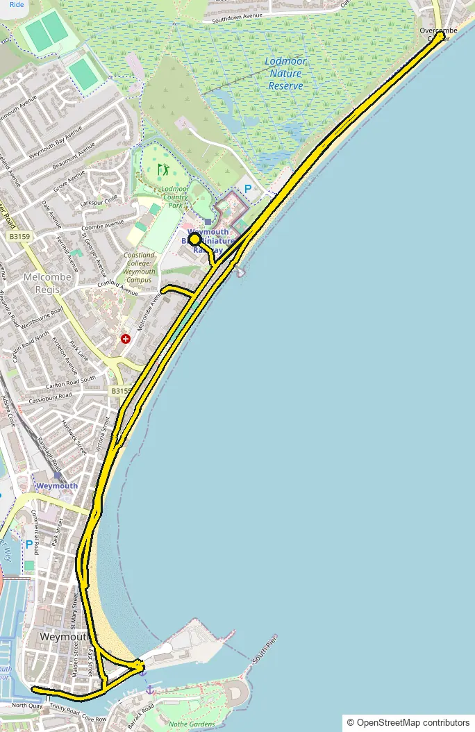Run course map for IRONMAN 70.3 Weymouth: the official route drawn on an OpenStreetMap basemap