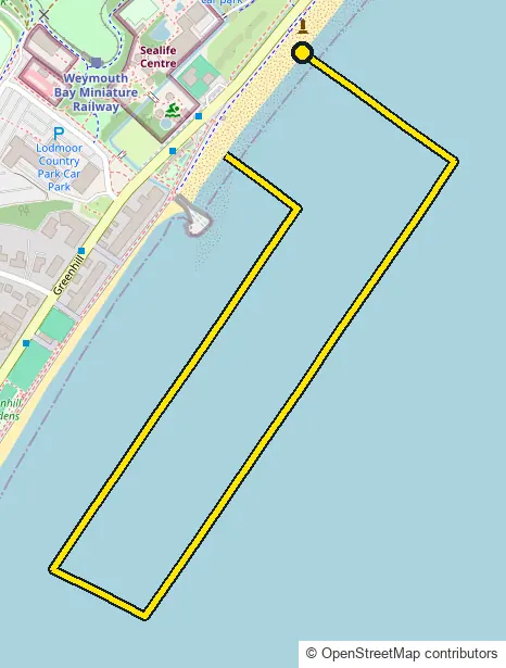 Swim course map for IRONMAN 70.3 Weymouth: the official route drawn on an OpenStreetMap basemap