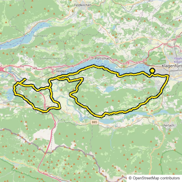 Bike course map for IRONMAN Austria (Klagenfurt): the official route drawn on an OpenStreetMap basemap