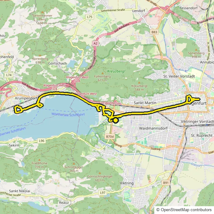 Run course map for IRONMAN Austria (Klagenfurt): the official route drawn on an OpenStreetMap basemap