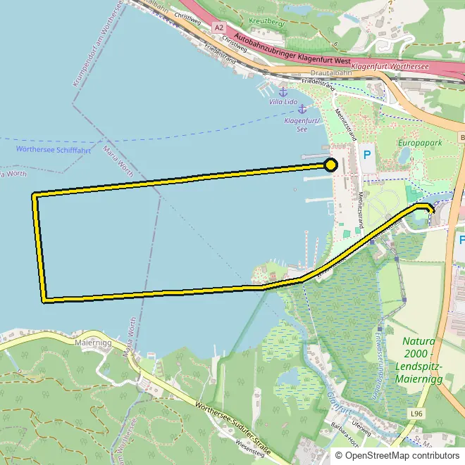 Swim course map for IRONMAN Austria (Klagenfurt): the official route drawn on an OpenStreetMap basemap