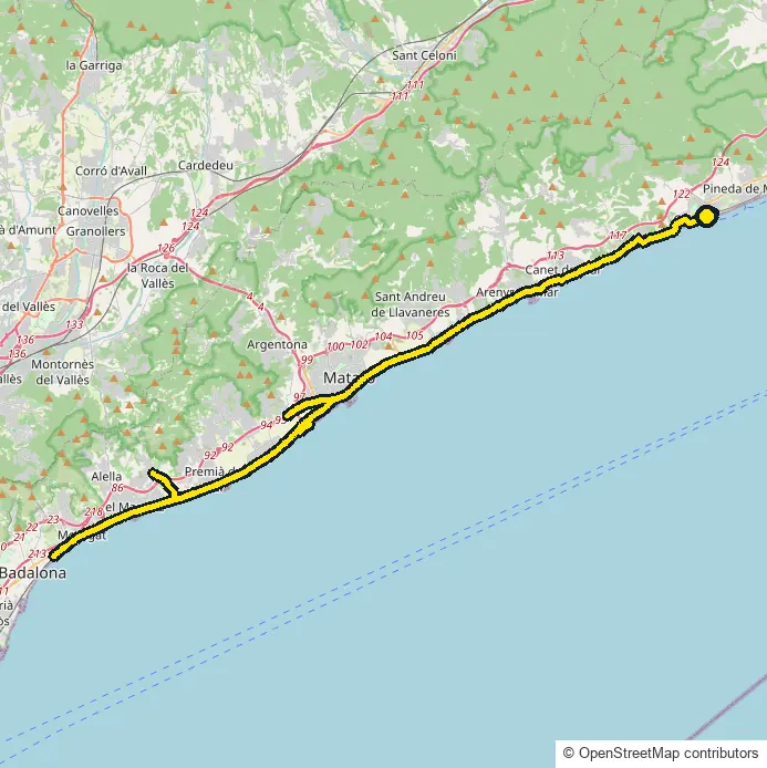 Bike course map for IRONMAN Barcelona: the official route drawn on an OpenStreetMap basemap