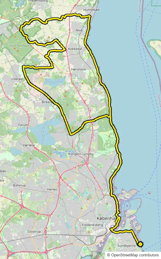 Bike course map for IRONMAN Copenhagen: the official route drawn on an OpenStreetMap basemap