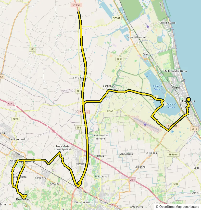 Bike course map for IRONMAN Italy Emilia-Romagna: the official route drawn on an OpenStreetMap basemap