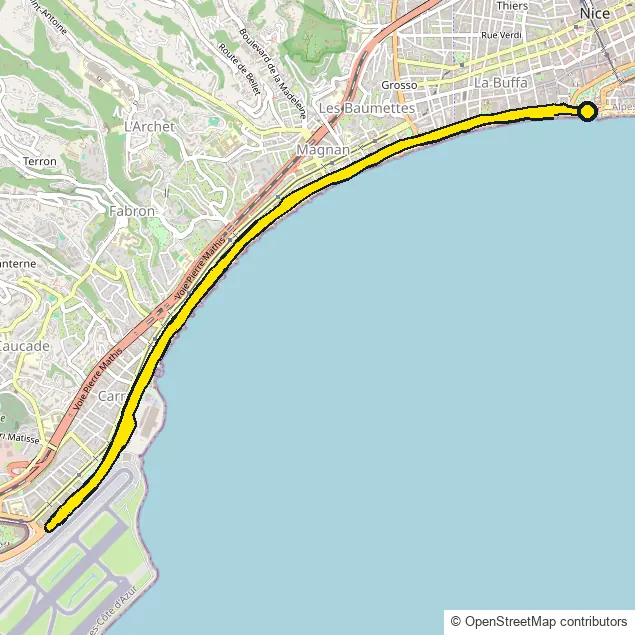 Run course map for IRONMAN France (Nice): the official route drawn on an OpenStreetMap basemap