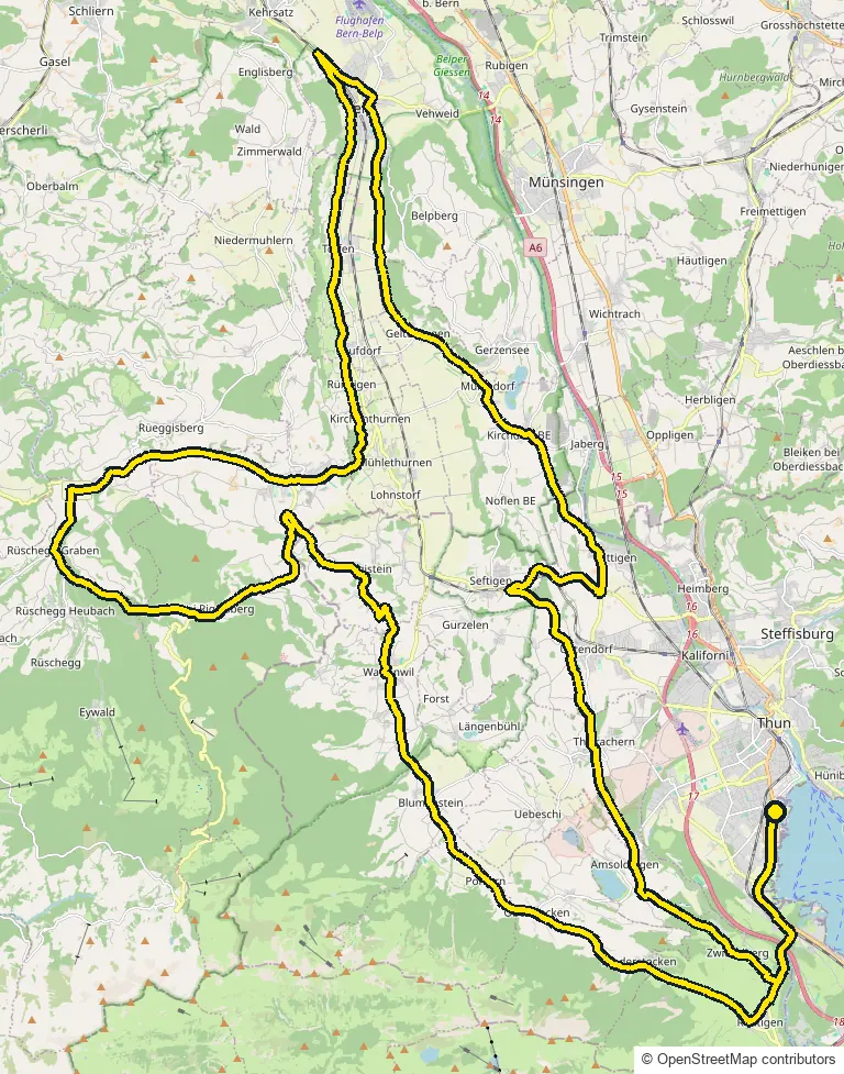 Bike course map for IRONMAN Switzerland Thun: the official route drawn on an OpenStreetMap basemap