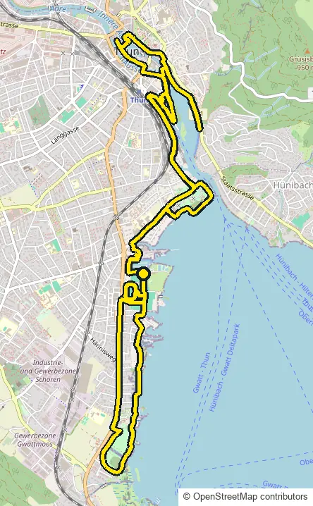 Run course map for IRONMAN Switzerland Thun: the official route drawn on an OpenStreetMap basemap