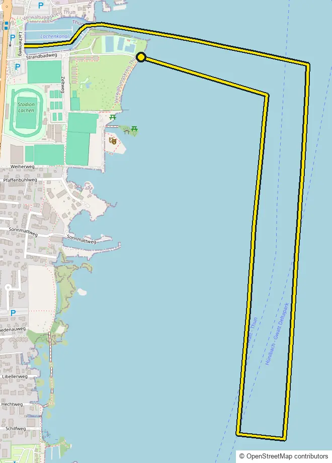 Swim course map for IRONMAN Switzerland Thun: the official route drawn on an OpenStreetMap basemap